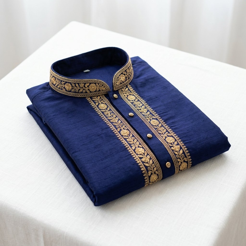 Anouk Men Royal Indigo Embroidered Silk Blend Kurta